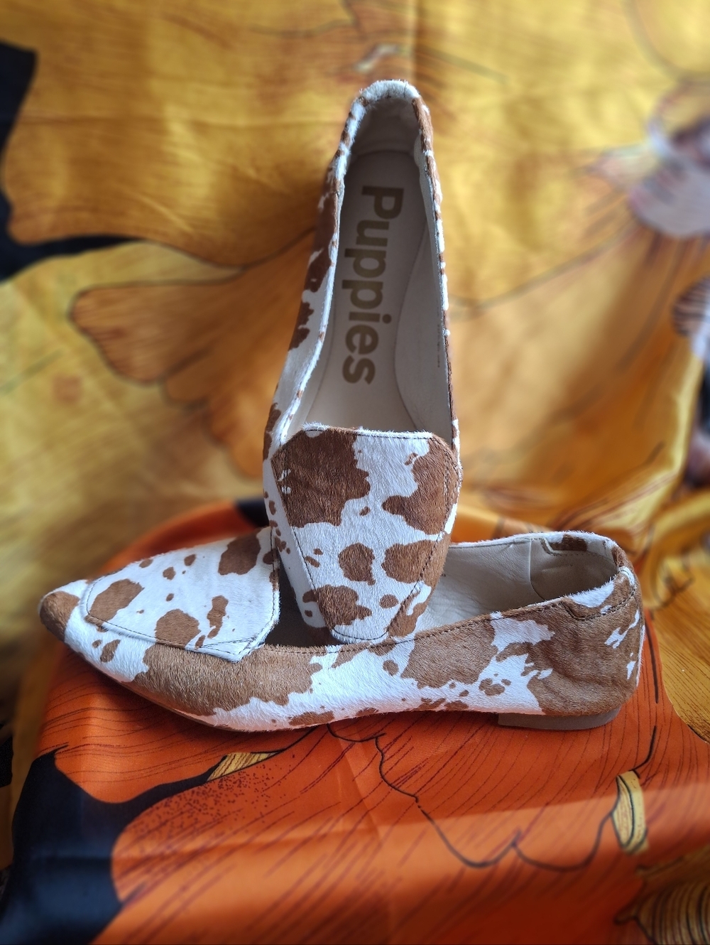 Hush Puppies Real Calf Fur Slip-On Flats Hazel Pointe Toe Cow Print Sz. 8